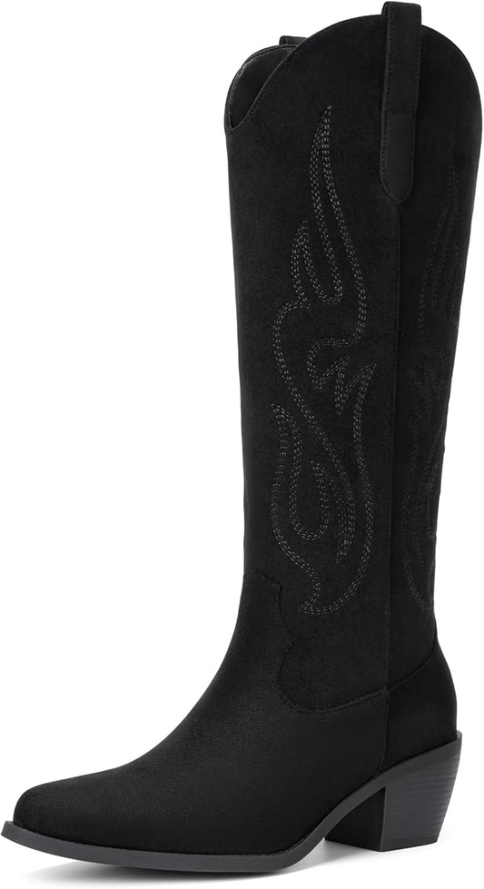 Pasuot Western Cowboy Boots for Women - Knee High Wide Calf Cowgirl Boots with Classic Embroidered, Slip On Pointed Toe Chunky Heel Fashion Retro Classic Pull On Tall Boot for Girls Ladies Fall Winter