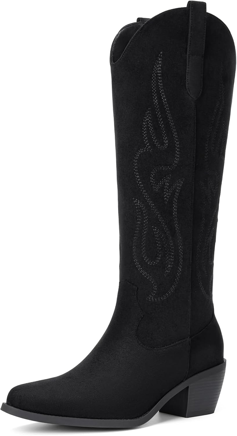 Pasuot Western Cowboy Boots for Women - Knee High Wide Calf Cowgirl Boots with Classic Embroidered, Slip On Pointed Toe Chunky Heel Fashion Retro Classic Pull On Tall Boot for Girls Ladies Fall Winter