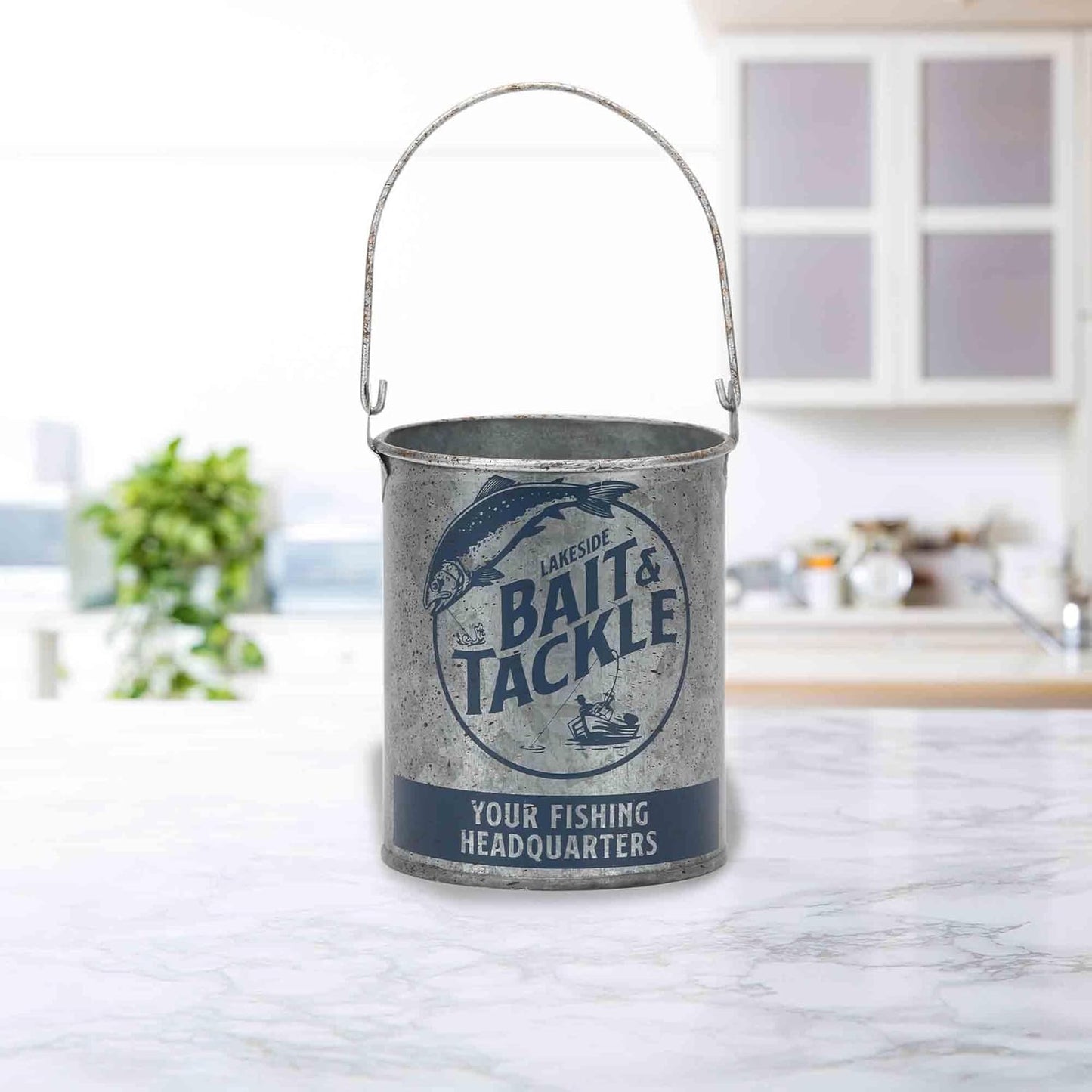 Open Road Brands Lakeside Bait and Tackle Metal Bucket - Decorative Fishing Pail for Pencils, TV Remotes or Tools