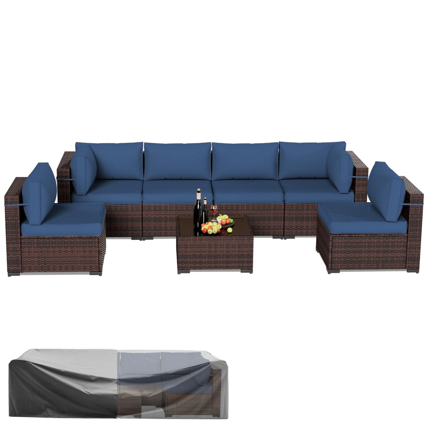 Amopatio Patio Furniture Sets, 7 Pieces Outdoor Rattan Sectional Sofa Set with Glass Table and Cushions, Wicker Patio Conversation Set for Outdoor Indoor Backyard Lawn Garden Porch (Grey)