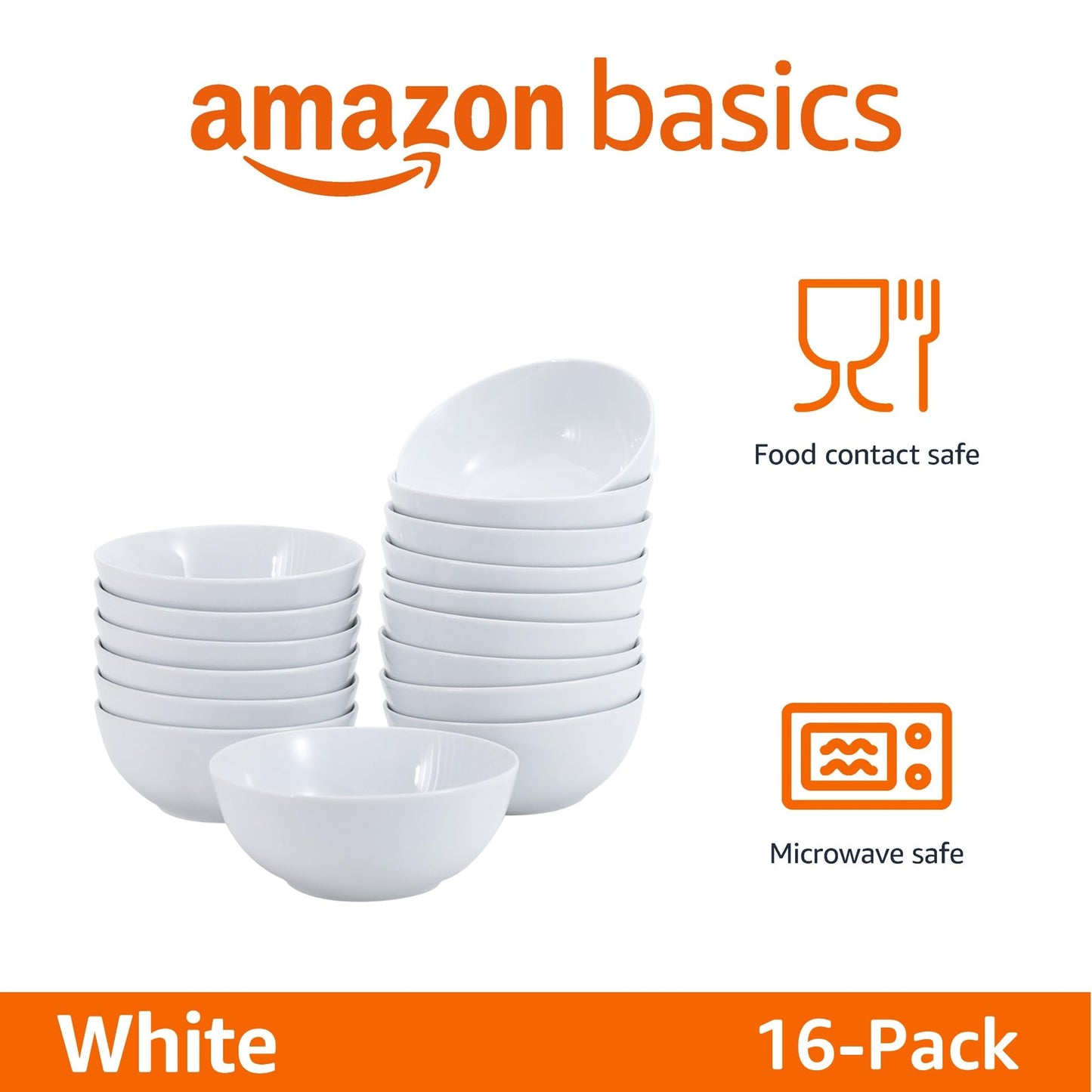 Amazon Basics 16-Pack White Porcelain Coupe Bowl, 5.9" diameter, Round, Microwave-safe, Commercial-grade