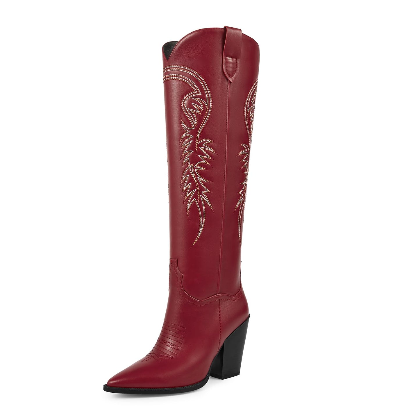ISNOM Women's Cowgirl Boots Pull On Knee High Boots, Cowboy Western Embroidered Chunky Block Heel Pointed Toes Boots