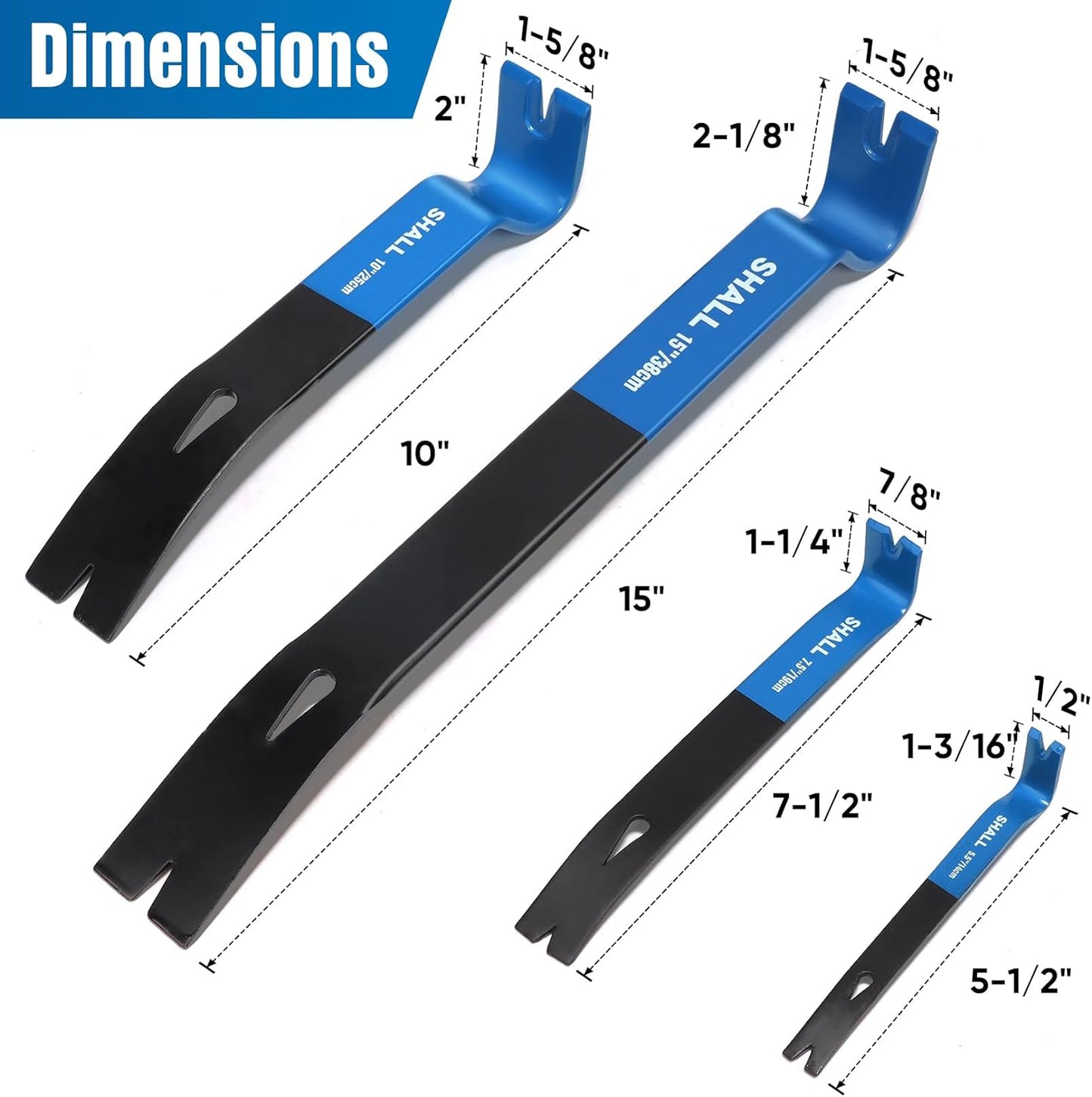 SHALL 4-Piece Flat Pry Bar Set -15" 10" 7.5" 5.5"- Heavy Duty & Mini Nail Puller Crowbar, Utility Claw Bar, Wonder Bar, High-Carbon Steel Flat Bar Tool for Home Remolding & Woodworking