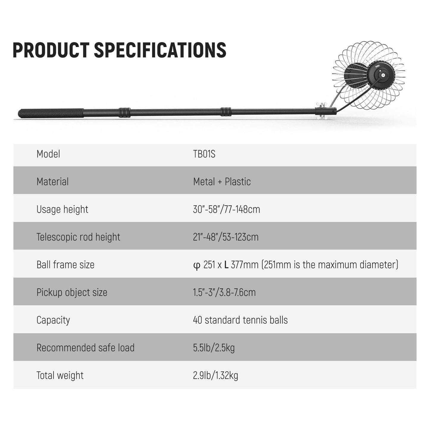 NEEWER Tennis Ball Pickleball Collector Roller, No Bending Over Quick Rolling Picker for 1.5"-3" Balls, 30-58"/77-148cm Telescopic Golf Ball Retriever for Up to 40 Tennis Balls, TB01S