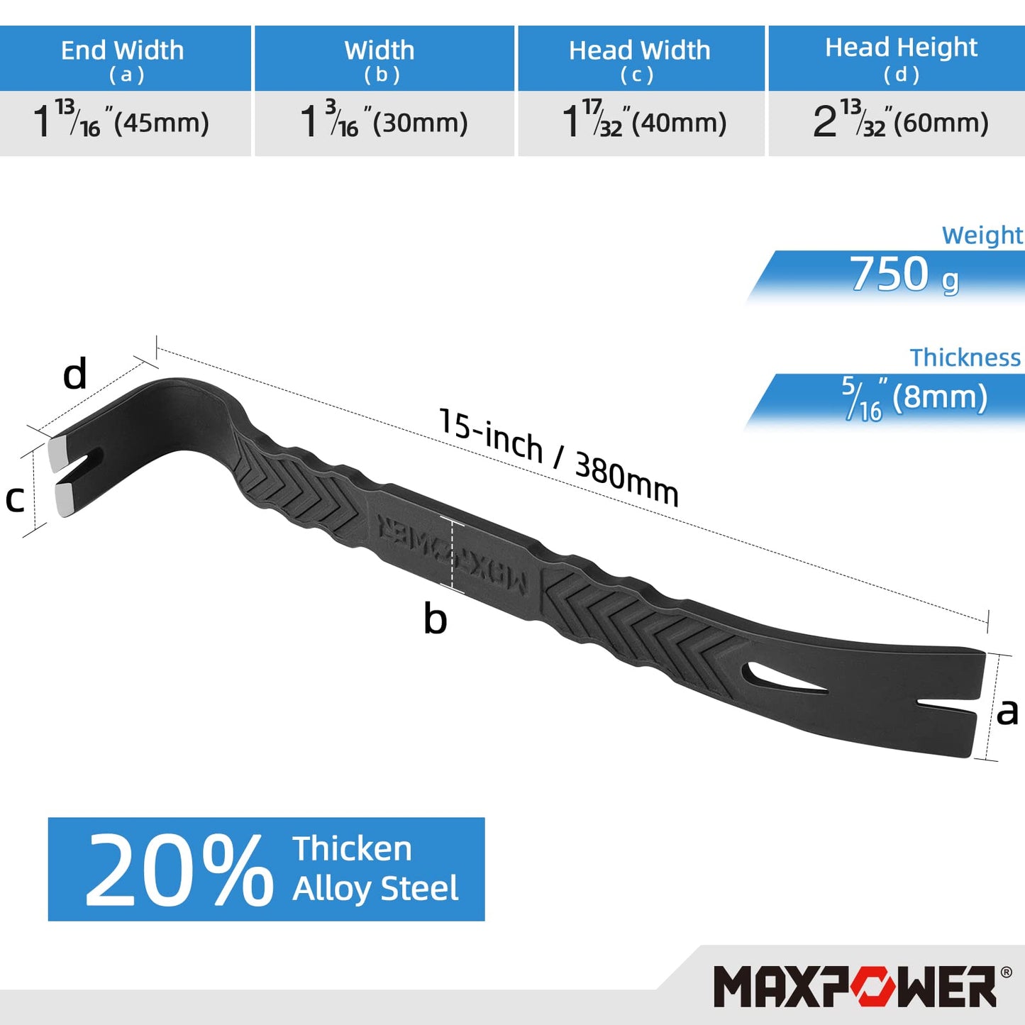 MAXPOWER 4-Pieces Pry Bar Set, 12-inch Utility Claw Pry Bar, 8-inch Nail Puller, 10-inch and 7-inch Flat Pry Bar Crowbar Claw
