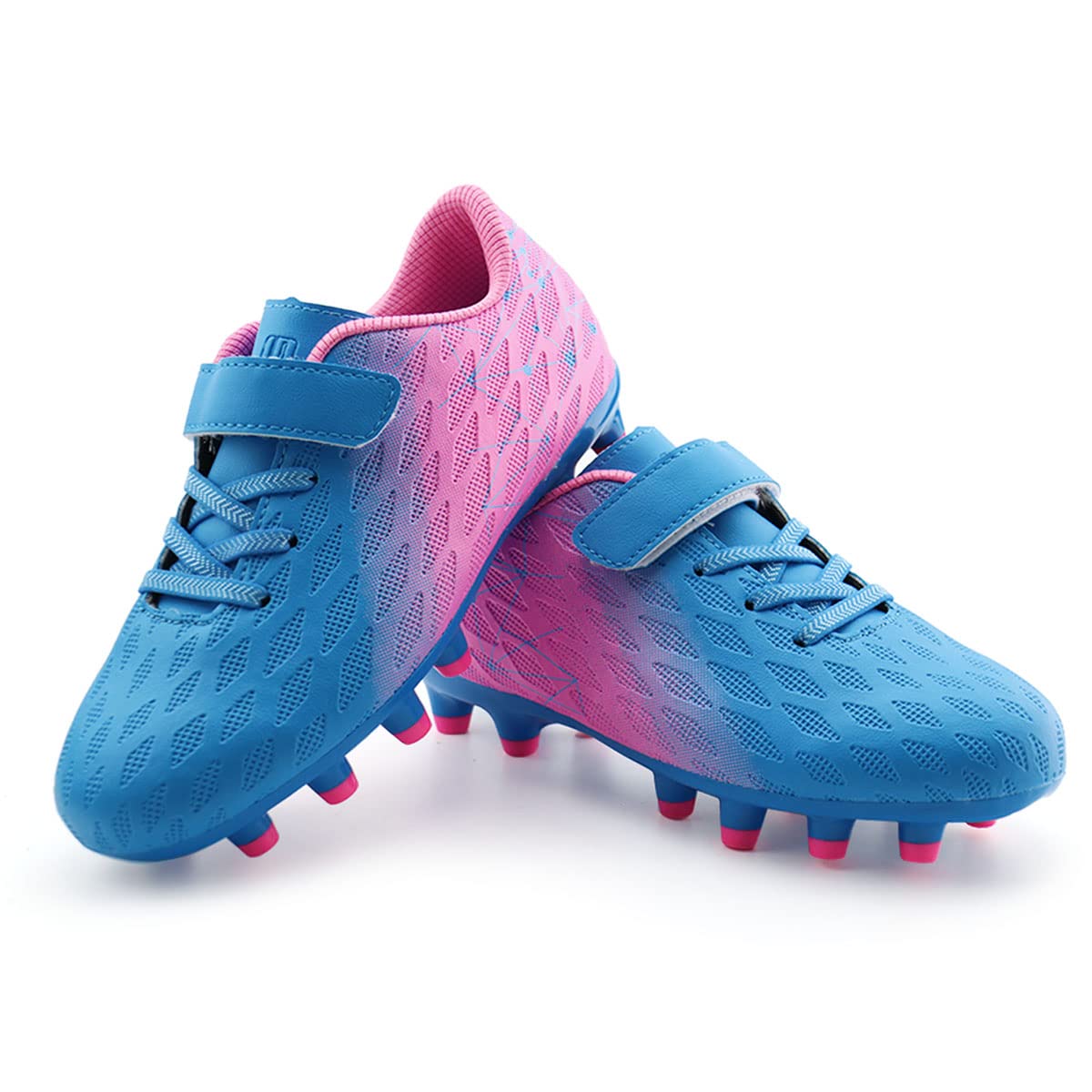 brooman Kids Firm Ground Soccer Cleats Boys Girls Athletic Outdoor Football Shoes (8,Blue Pink)