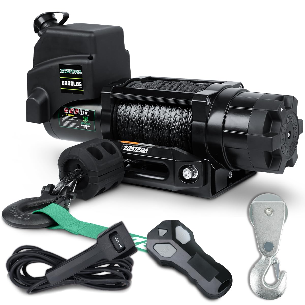 3500lbs ATV/UTV Winch with Synthetic Rope, Electric Boat Trailer Winch 12V, Waterproof Winch with 2 Wireless Remotes &Wired Switch,with Mounting Plate,Pulley,Rope Damper,Aluminium Fairlead