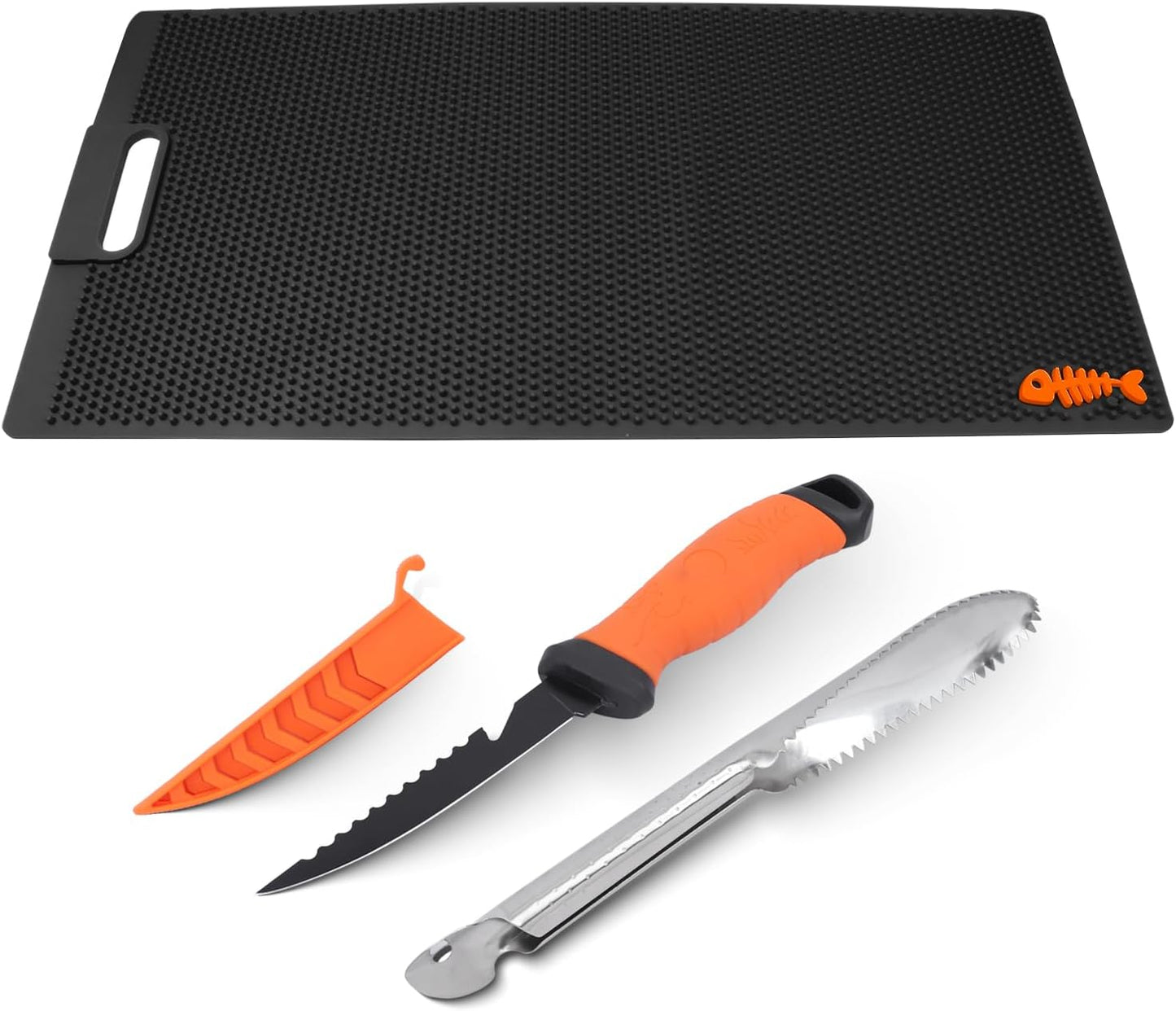 28 Inch Non Slip Fish Fillet Mat Kit Heavy Duty Rollable Fish Bait Cutting Board Large Size Fish Cleaning Mat with 5 inch Fillet Knife and Fish Scaler Portable Fish Filleting Mat