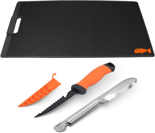 28 Inch Non Slip Fish Fillet Mat Kit Heavy Duty Rollable Fish Bait Cutting Board Large Size Fish Cleaning Mat with 5 inch Fillet Knife and Fish Scaler Portable Fish Filleting Mat