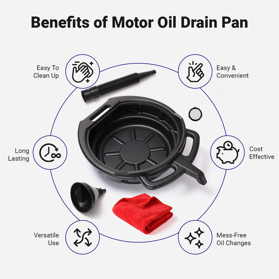 Oil Change Kit - Includes 8-Quart Oil Pan, Longneck Oil Funnel with Removable Filter, and 5 Pack of Shop Towels - Motor Oil Drain pan for Changing Oil - Oil Change Value Kit with by Foxtrot Living