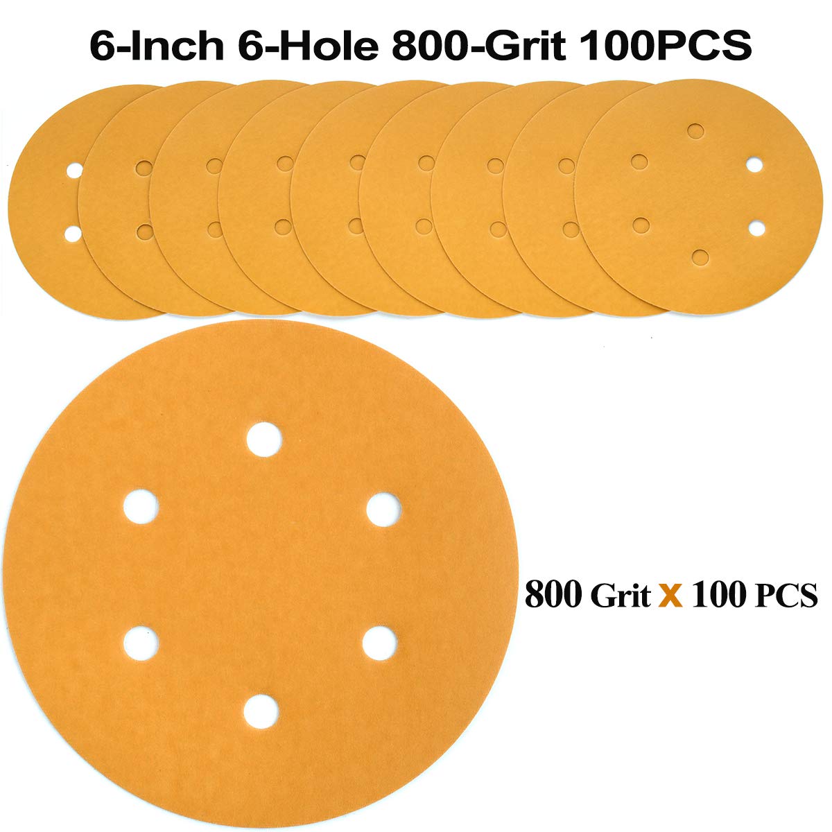 6-Inch 6-Hole Hook and Loop Sanding Discs 600-Grit, Random Orbital Sandpaper for Automotive and Woodworking, 100-Pack