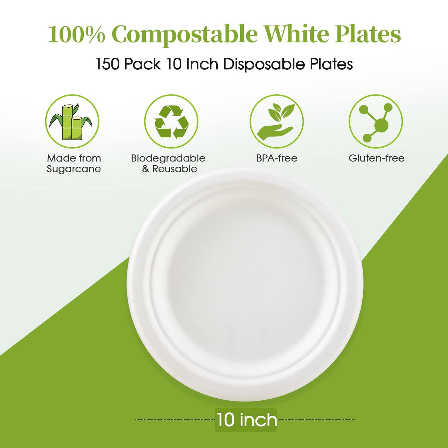 ECOLipak 100% Compostable 10 Inch Heavy Duty Paper Plates, 150 Pack Disposable Biodegradable Eco-friendly Sugarcane Bagasse Plates for Dinner Party(White)