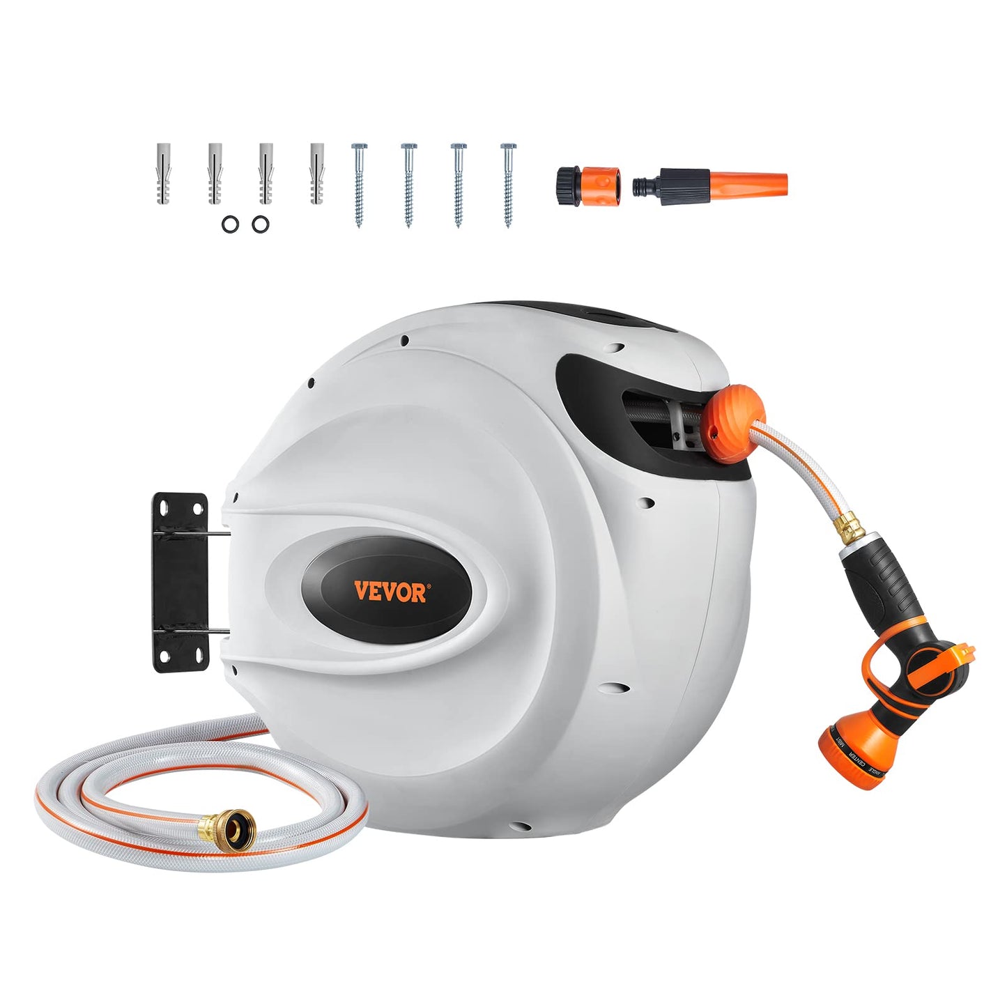 VEVOR Retractable Hose Reel, 65 ft x 5/8 inch, 180° Swivel Bracket Wall-Mounted, Garden Water Hose Reel with 9-Pattern Nozzle, Automatic Rewind, Lock at Any Length, and Slow Return System