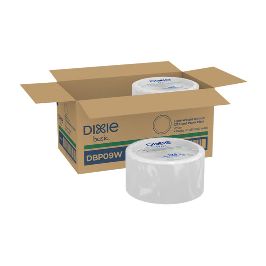 Dixie Basic 8.5 Inch Light-Weight Paper Plates By GP PRO, White, 500 Count (125 Disposable Plates Per Pack, 4 Packs Per Case), DBP09W