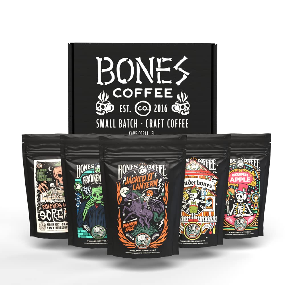 Bones Coffee Company World Tour Coffee Gift Set, 5 Packs Flavored Coffee, Medium Roast Low Acid, 4 Oz Ground