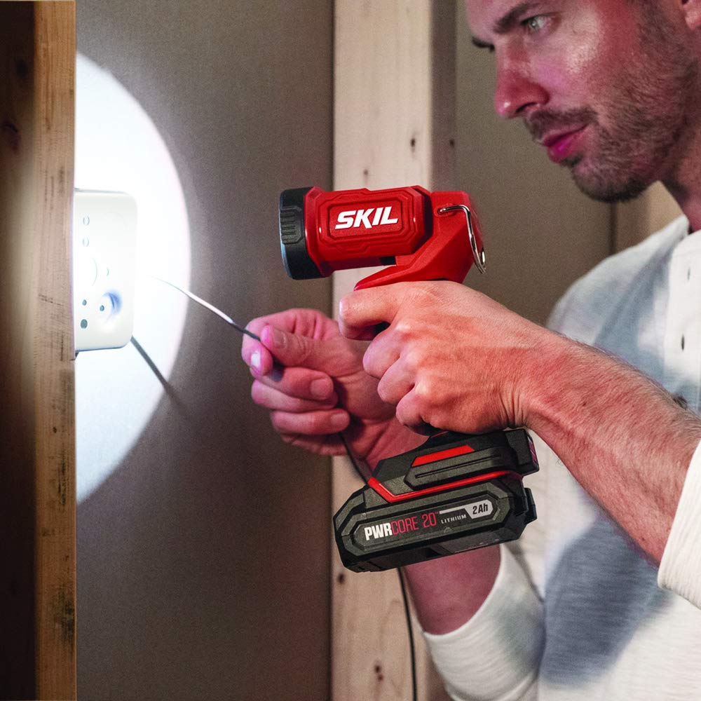 SKIL 20V 4-Tool Combo Kit: 20V Cordless Drill Driver Reciprocating Saw, Circular Saw and Spotlight, Includes Two 2.0Ah PWR CORE Lithium Batteries and One Charger - CB739701,Black, Red