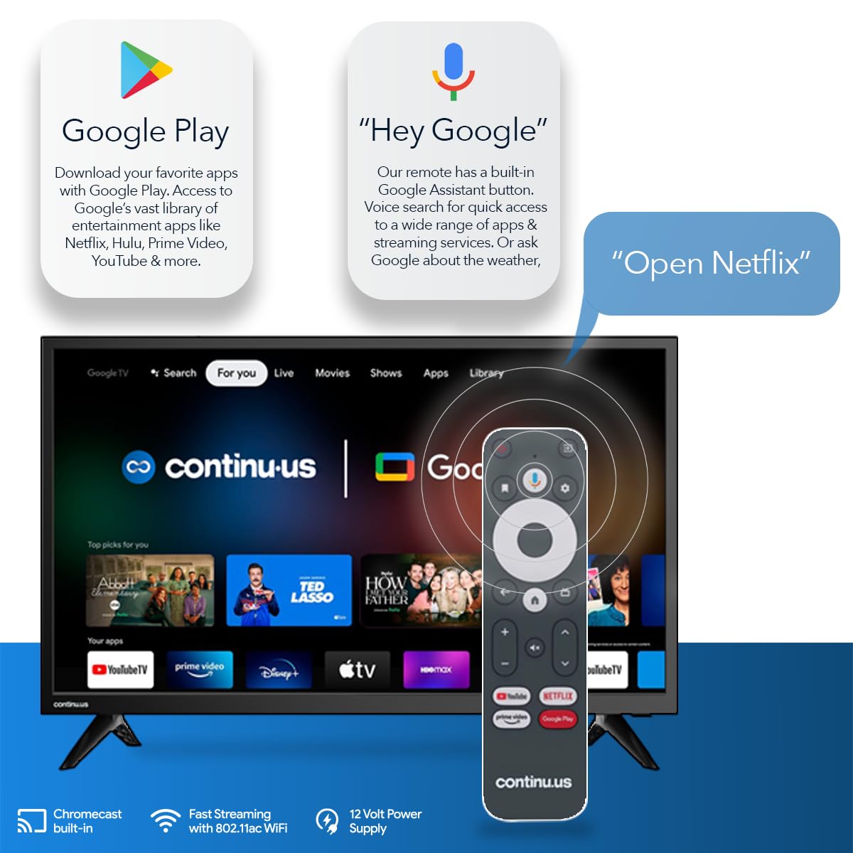 Continu.US 40" 12V RV Smart TV – Android TV with Google Assistant, Chromecast, and Free Streaming Apps – 1080p HD – CT-40TS10