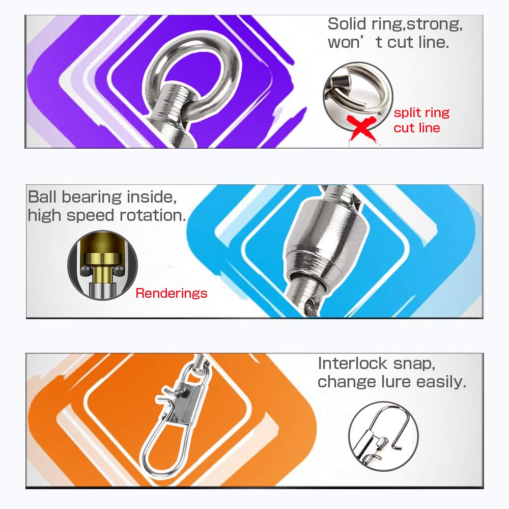 AMYSPORTS Fishing Swivels with Interlock Snap Ball Bearing Swivels Fishing Snap Swivels Saltwater Freshwater Fishing Tackle Leader Lure Jigs Line Fishing Connector