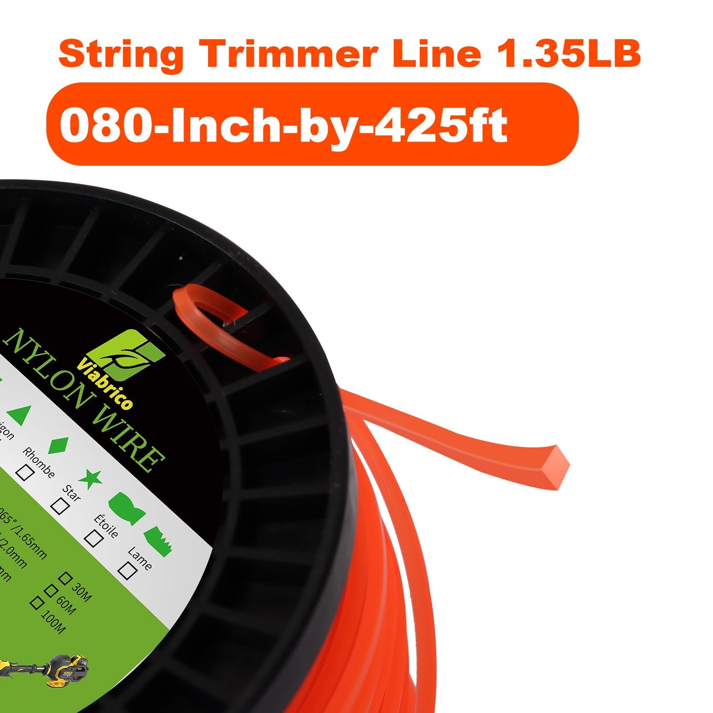 VIABRICO 080 Inch Trimmer Line, 0.080" Weed Wacker Eater String, Commercial Grade Square Nylon String Trimmer Line Replacement for String Trimmer Weed Trimmer .080"-425ft-1.35lb-Spool