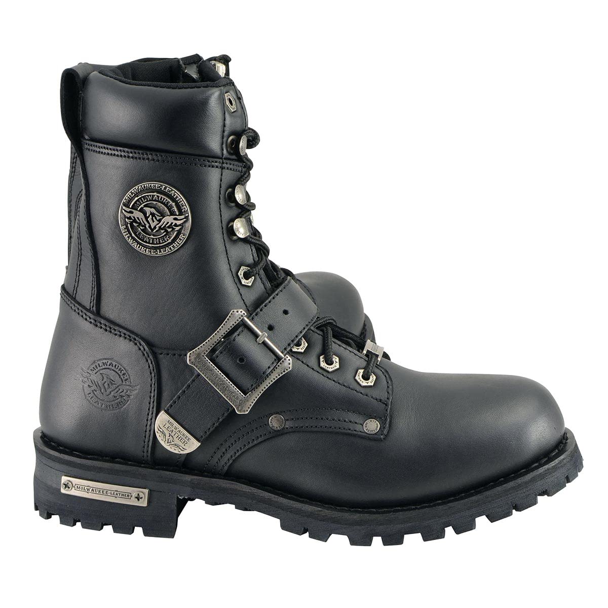 Milwaukee Leather Men's Black Leather Lace-Up Engineer Motorcycle Boots w/Buckles and Side Zipper MBM101-9