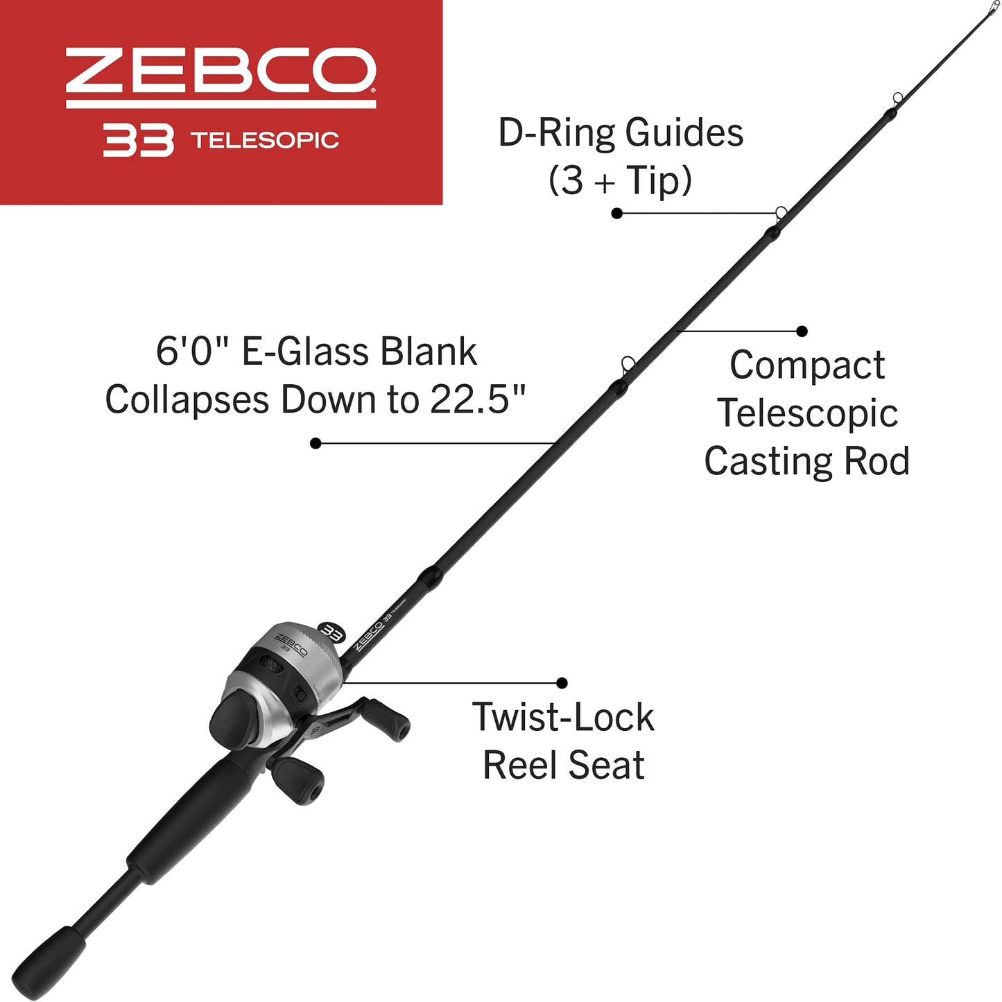 Zebco 33 Spinning Reel and Telescopic Fishing Rod Combo