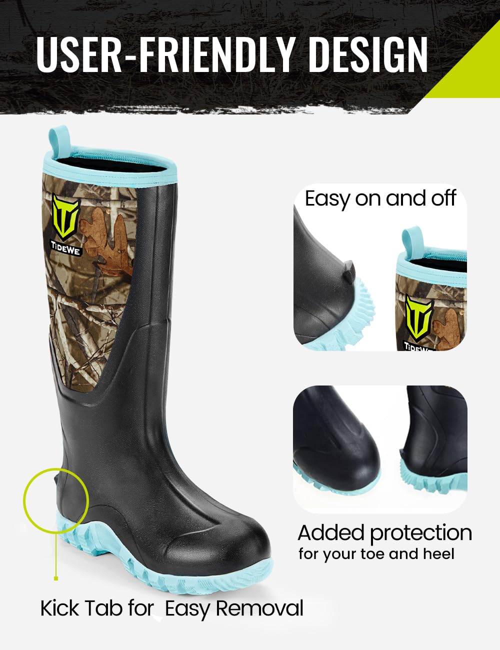 TIDEWE Rubber Boots for Women Multi-Season, Waterproof Rain Boots with Steel Shank, 6mm Neoprene Durable Rubber Outdoor Hunting Boots (Pink & Green)