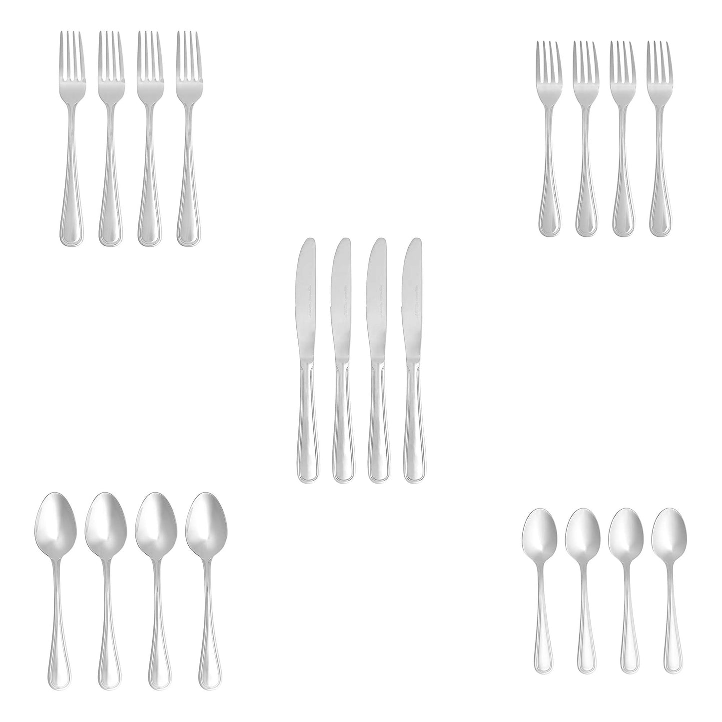Amazon Basics Silverware Set, Stainless Steel Flatware, Dishwasher Safe, Service for 4, 20-Piece Forks and Spoons, Crown Edge
