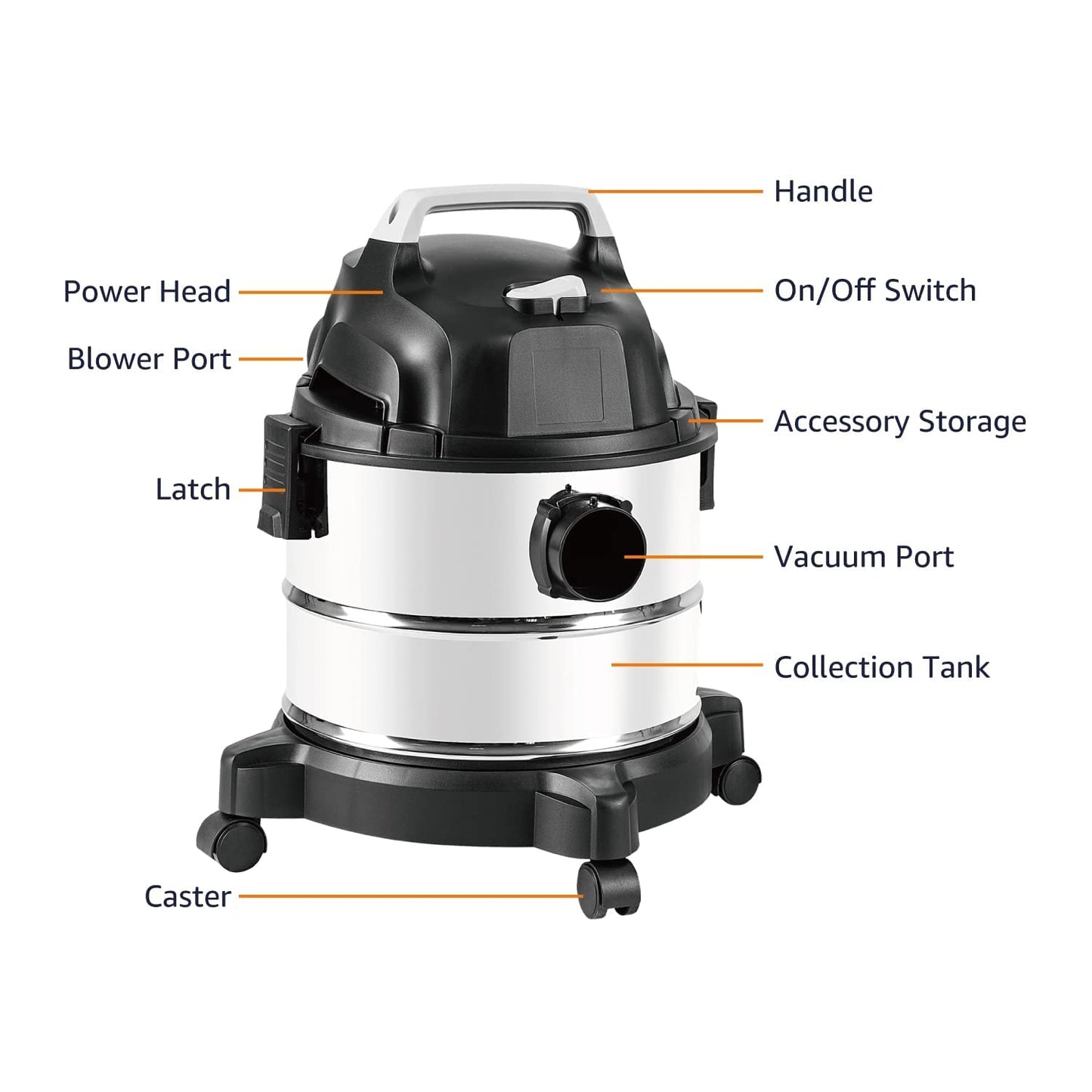 Amazon Basics Wet Dry Shop Vacuum Cleaner, 4 Gallon, 3 HP Stainless Steel, Grey/Black