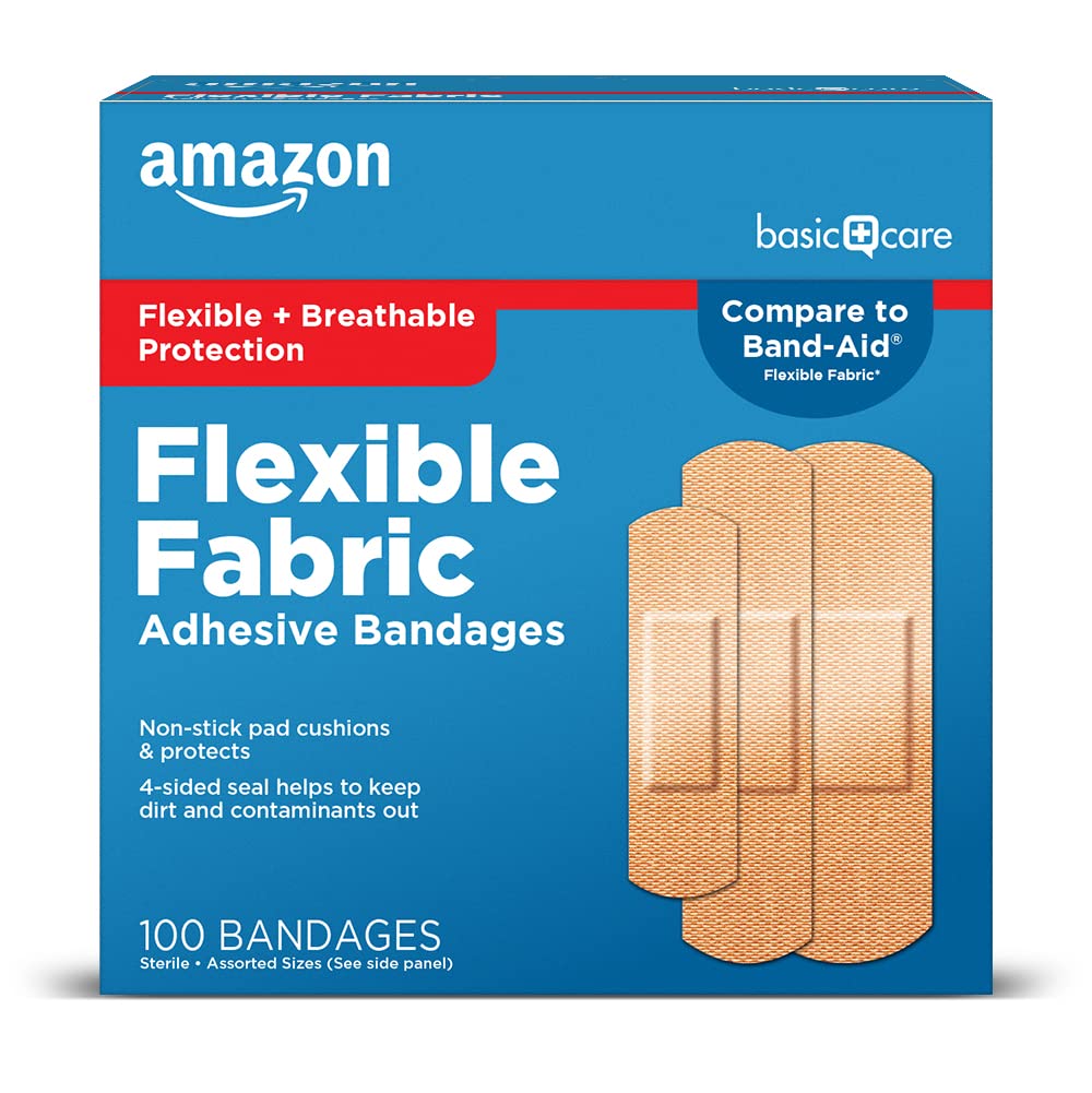 Amazon Basic Care Flexible Fabric Adhesive Bandages, First Aid for Wounds and Scrapes, Breathable First Aid Wound Care Supplies, Assorted Sizes, 100 Count