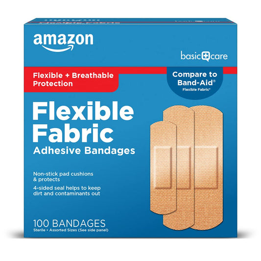 Amazon Basic Care Flexible Fabric Adhesive Bandages, First Aid for Wounds and Scrapes, Breathable First Aid Wound Care Supplies, Assorted Sizes, 100 Count