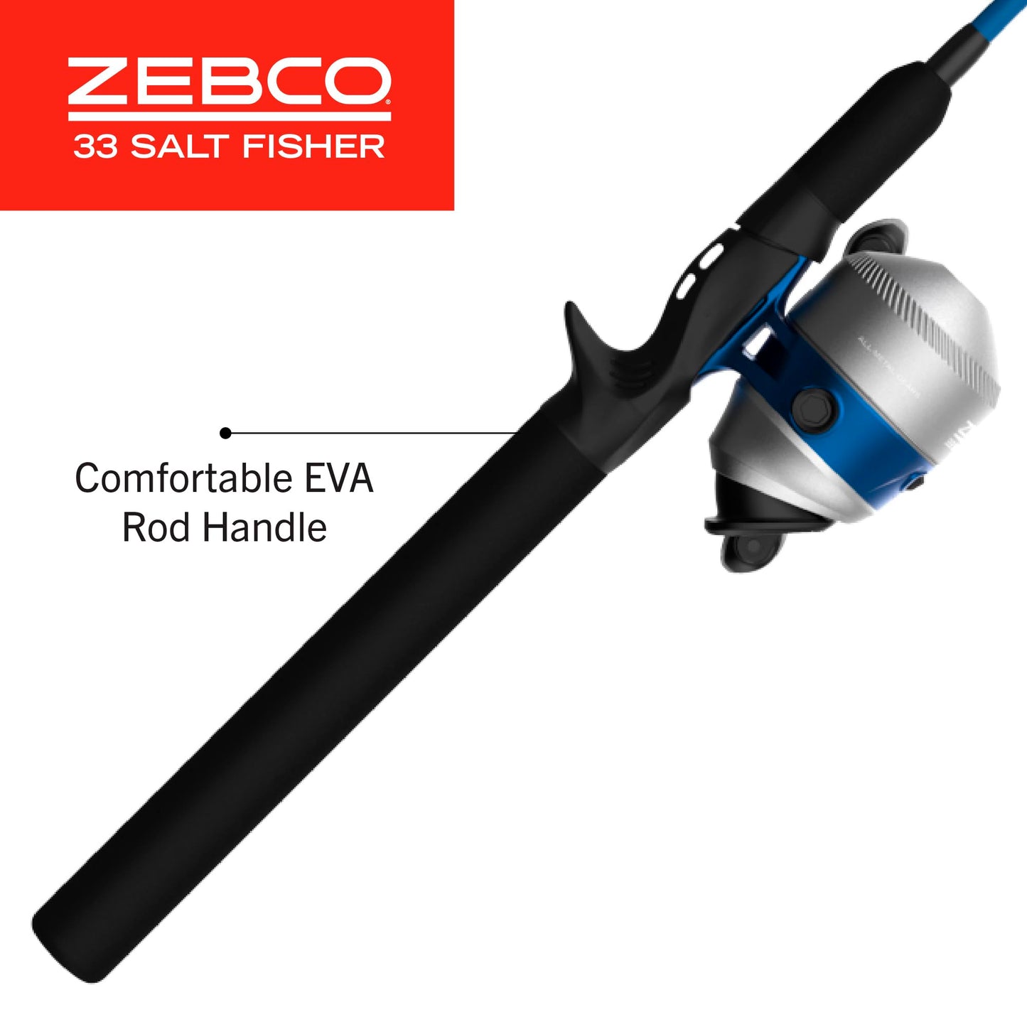 Zebco Salt Fisher 33 Spincast Reel and Fishing Rod Combo, 6-Foot 6-Inch 2-Piece Medium-Heavy Power, Moderate-Fast Action Fiberglass Rod, Interchangeable Retrieve, 12-Pound Line, Blue/Silver