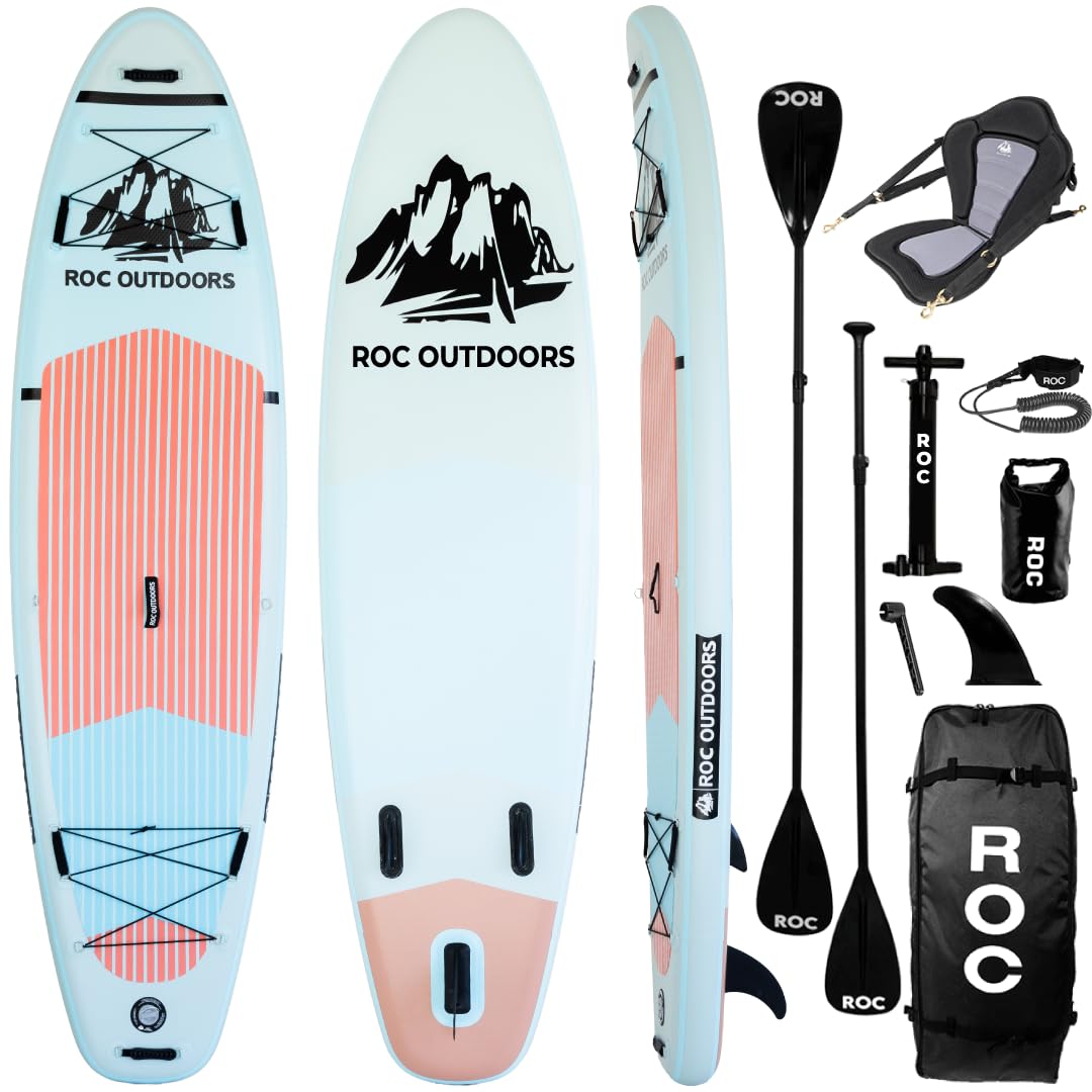 Roc Inflatable Stand Up Paddle Boards with Premium SUP Paddle Board Accessories, Wide Stable Design, Non-Slip Comfort Deck for Youth & Adults (Cloud W/Kayak Seat)