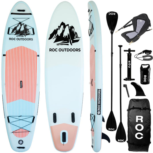 Roc Inflatable Stand Up Paddle Boards with Premium SUP Paddle Board Accessories, Wide Stable Design, Non-Slip Comfort Deck for Youth & Adults (Cloud W/Kayak Seat)