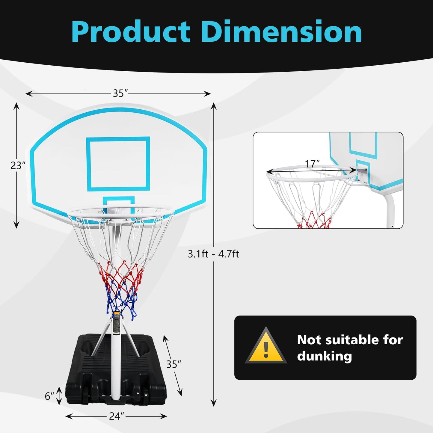 SculPong Swimming Pool Basketball Hoop Portable Water Basketball Goal Poolside Height Adjustable Beach Basketball Stand for Pool with Base and 35" Backboard for Indoor Outdoor Games 3.1-4.7 FT Blue