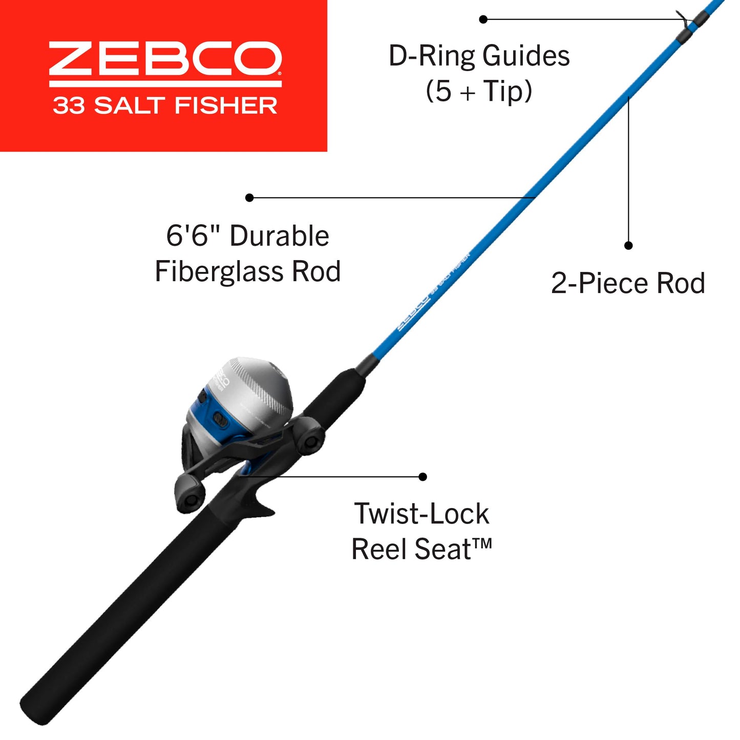 Zebco Salt Fisher 33 Spincast Reel and Fishing Rod Combo, 6-Foot 6-Inch 2-Piece Medium-Heavy Power, Moderate-Fast Action Fiberglass Rod, Interchangeable Retrieve, 12-Pound Line, Blue/Silver