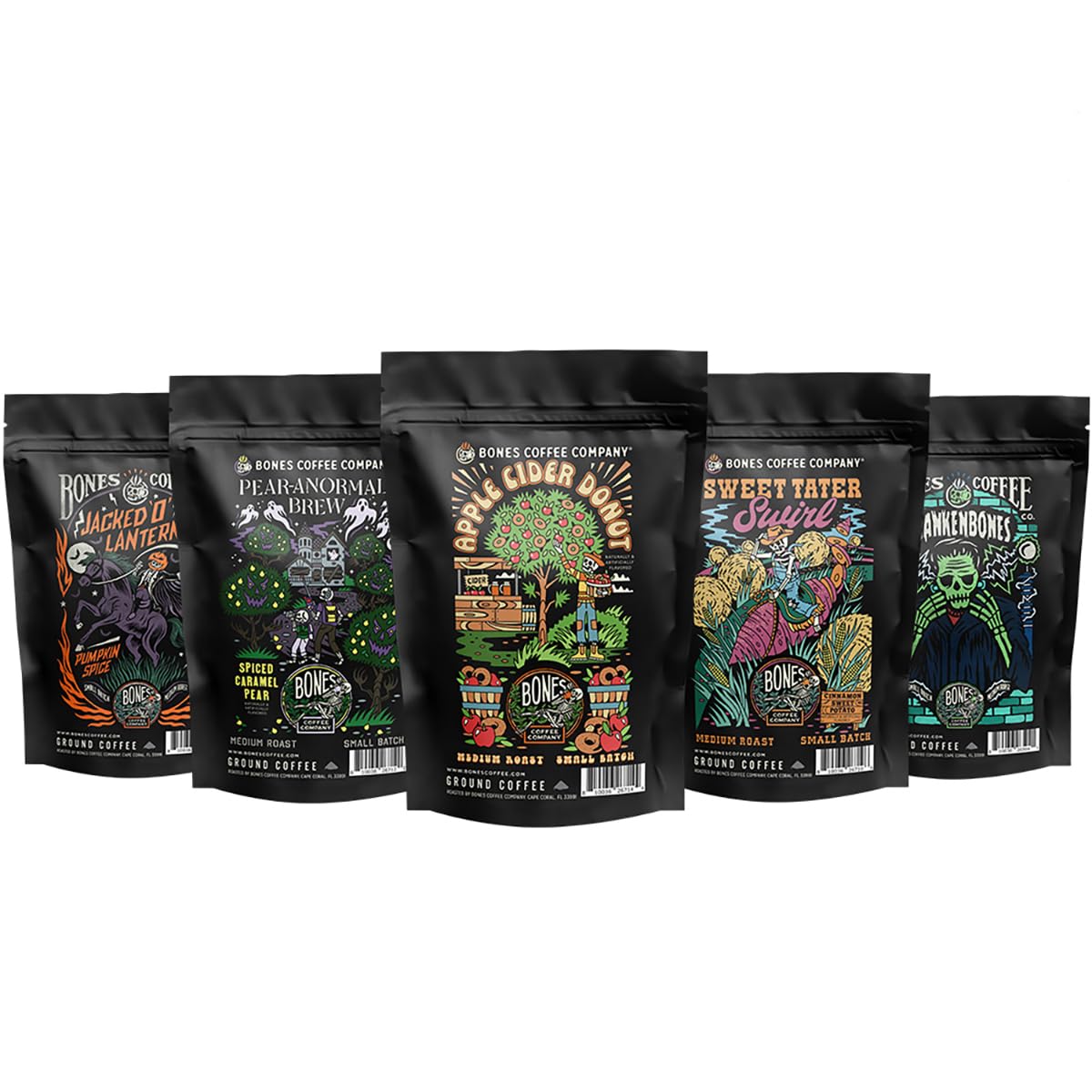 Bones Coffee Company World Tour Coffee Gift Set, 5 Packs Flavored Coffee, Medium Roast Low Acid, 4 Oz Ground