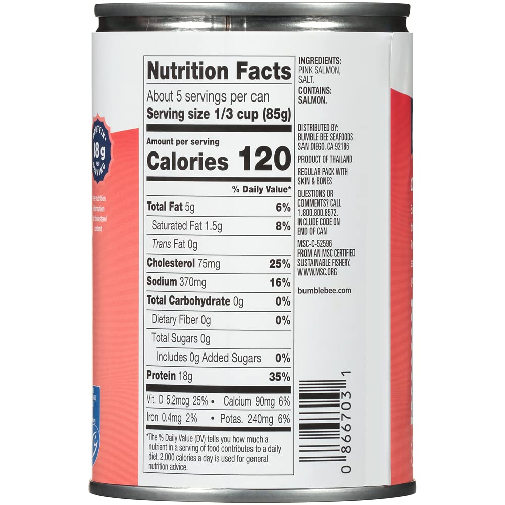 Bumble Bee Canned Pink Salmon, 14.75 oz Cans (Pack of 12) - Premium Wild Caught Salmon with Skin & Bones - 18g Protein per Serving - MSC Certified Sustainable Seafood, Non-GMO, Gluten Free, Kosher