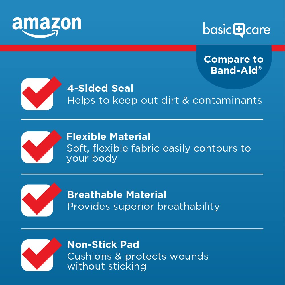 Amazon Basic Care Flexible Fabric Adhesive Bandages, First Aid for Wounds and Scrapes, Breathable First Aid Wound Care Supplies, Assorted Sizes, 100 Count