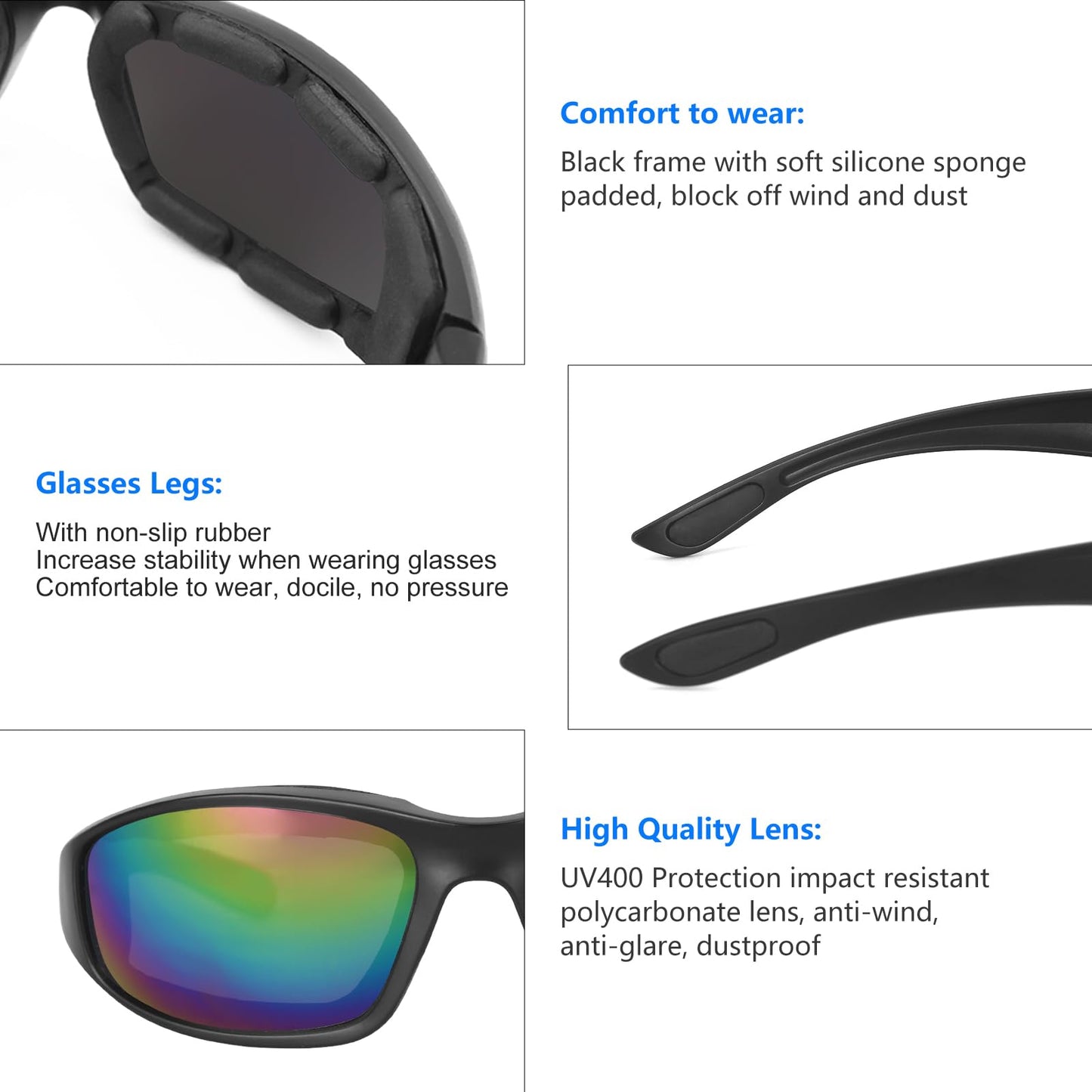 3 Pair Motorcycle Riding Glasses Padding Goggles UV Protection Dustproof Windproof Motorcycle Sunglasses for Outdoor Actives