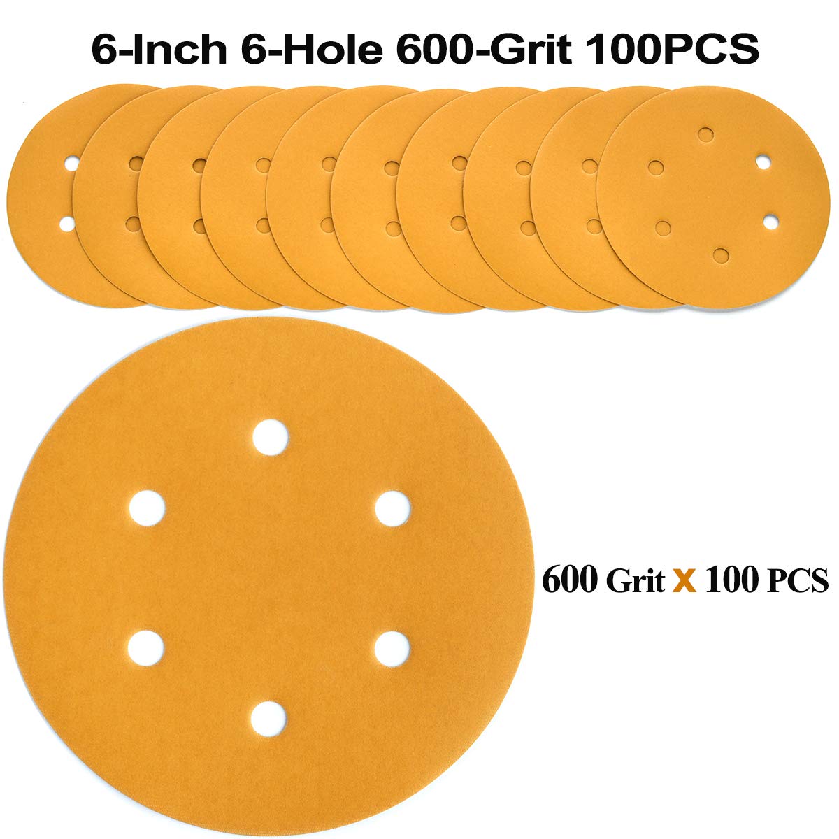 6-Inch 6-Hole Hook and Loop Sanding Discs 600-Grit, Random Orbital Sandpaper for Automotive and Woodworking, 100-Pack