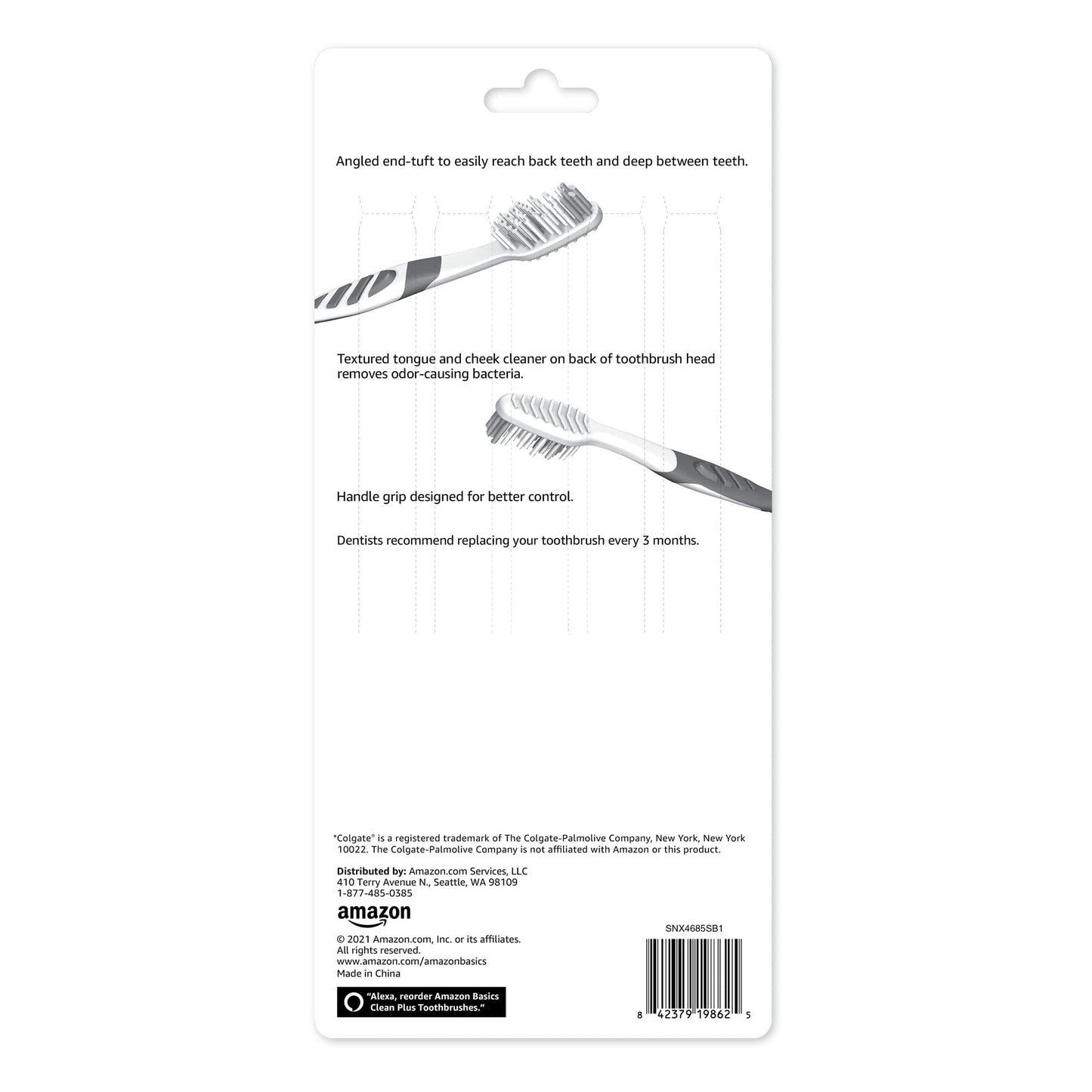 Amazon Basics Clean Plus Soft Bristle Toothbrushes with Angled End-Tuft, Cheek and Tongue Cleaner, Full Size, 10 Count, 1 Pack (Previously Solimo)