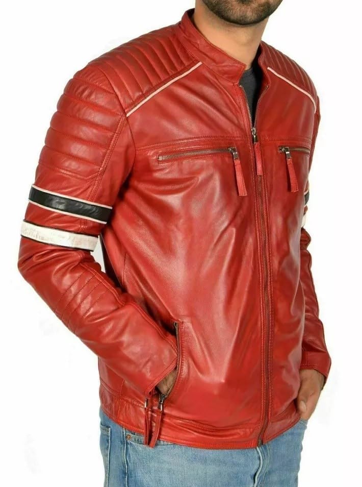 Men's Genuine Red Lambskin Real Leather Slim Fit Biker Motorcycle Jacket