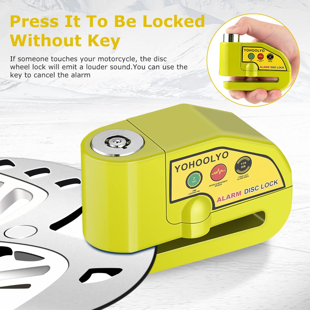 YOHOOLYO Alarm Disc Lock Motorcycle Disc Brake Lock Anti-Theft Waterproof 110 dB 7mm Pin 5ft Reminder Cable for Motorcycles Bike Scooter Carry Pouch (Black)