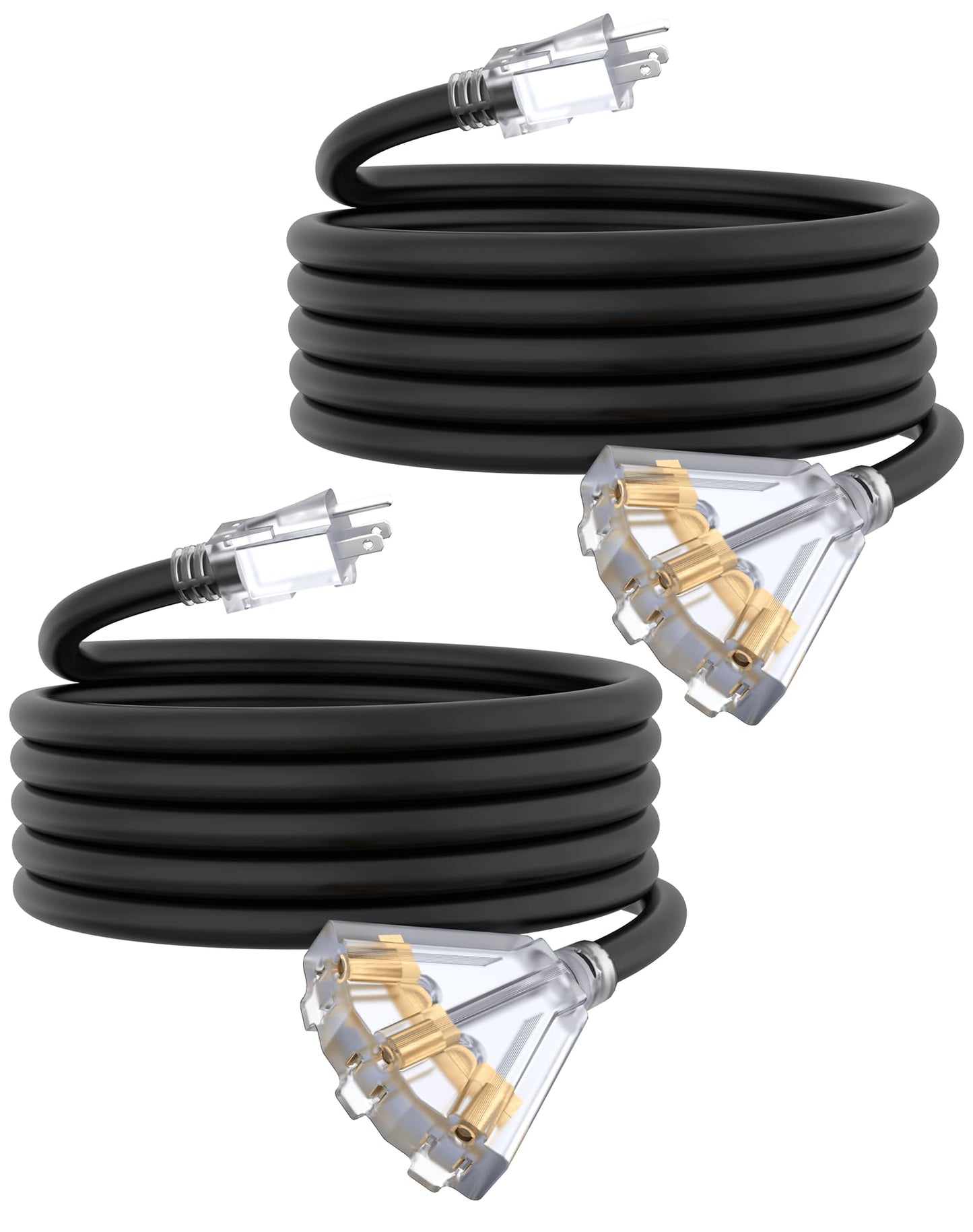 25Ft 12/3 Outdoor Extension Cord with 3-Outlets, Heavy Duty 12 Gauge 3 Prong Extension Cord Waterproof with Lighted end, 15A 12AWG 1875W SJTW, ETL Listed - Great for Garage, Garden and Home, Yellow