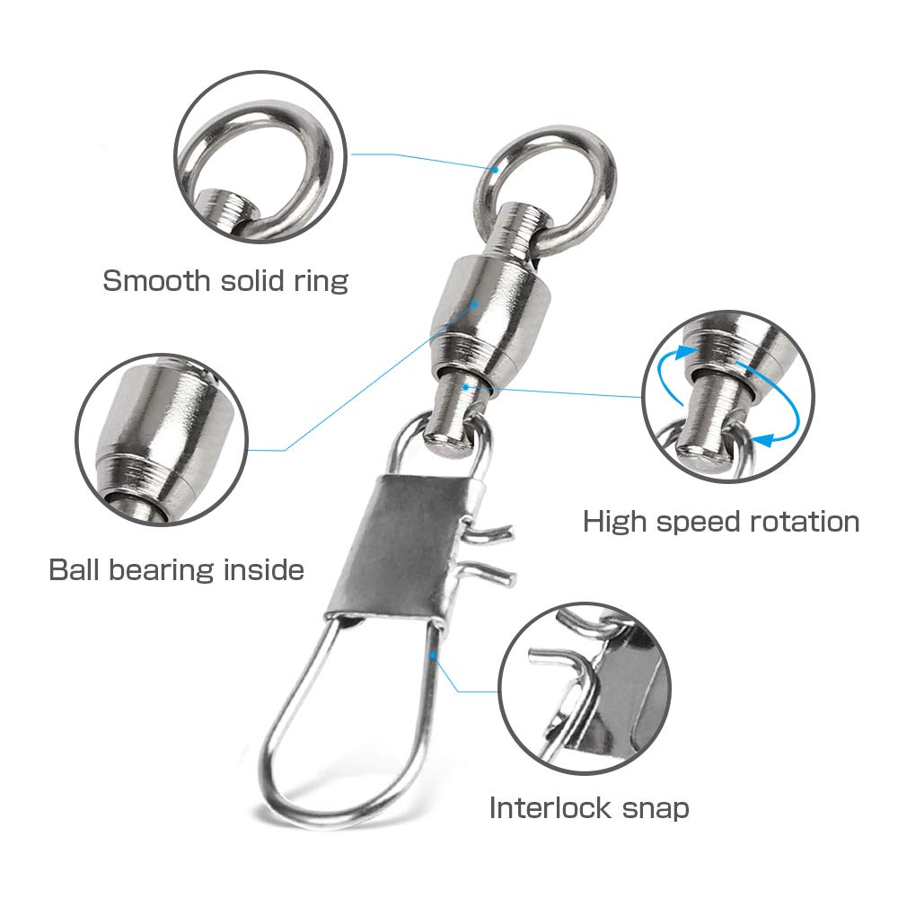 AMYSPORTS Fishing Swivels with Interlock Snap Ball Bearing Swivels Fishing Snap Swivels Saltwater Freshwater Fishing Tackle Leader Lure Jigs Line Fishing Connector