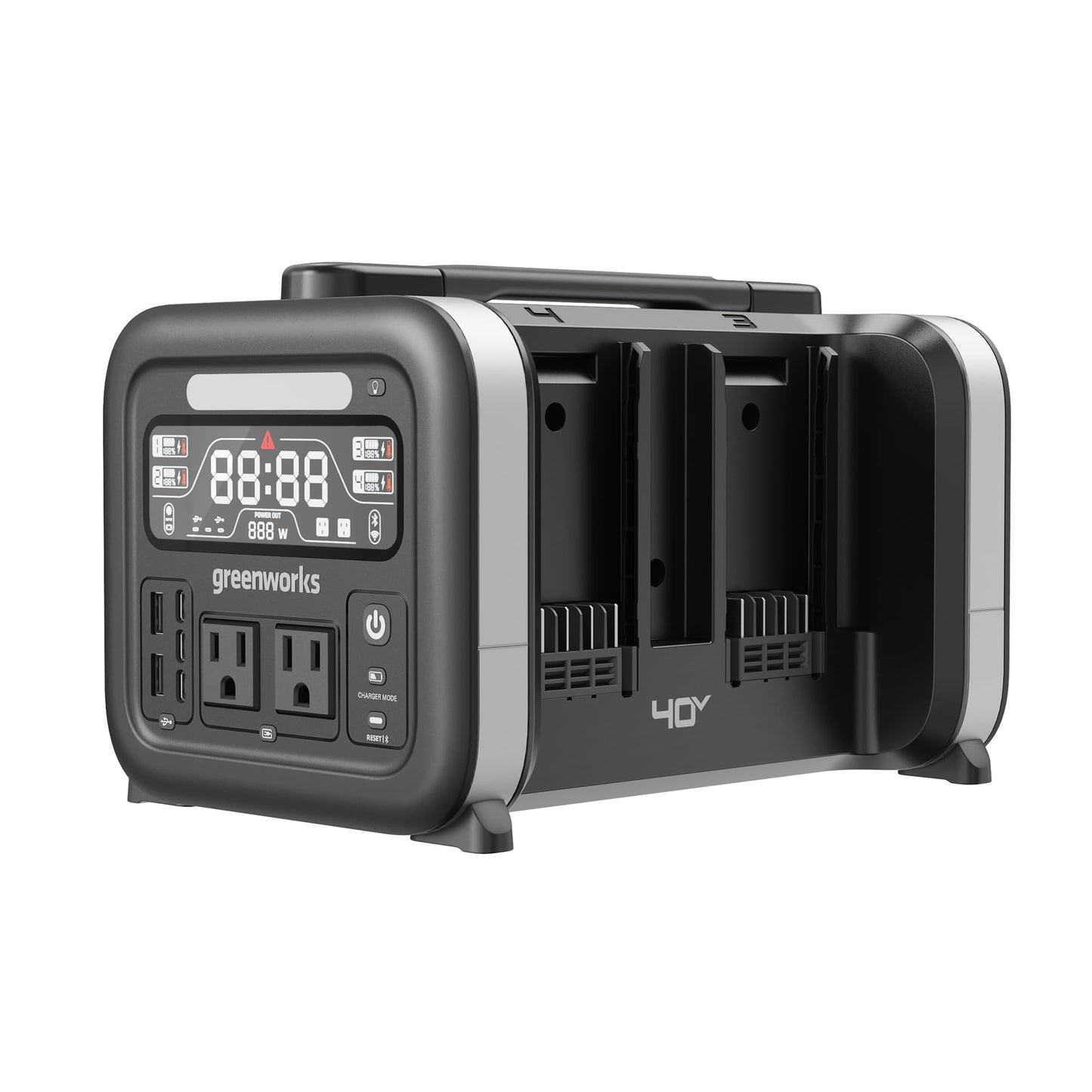 Greenworks 40V 500W Portable Power Inverter, 4-Slot Inverter, 2 AC Outlets, 5 USB Ports, Smart APP Control Power Generator, Outdoor Backup Power Supply (POWER 75+TOOLS, BATTERY SOLD SEPARATELY)