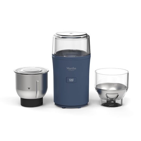 Martha Stewart Electric Coffee & Spice Grinder, Dual 2.5oz Removable Bowls, Storage Lids, Stainless Steel Blades, One Touch Pulse Control, 2-in-1 Compact, Beans & Spices, Herbs & Nuts, Sky Blue