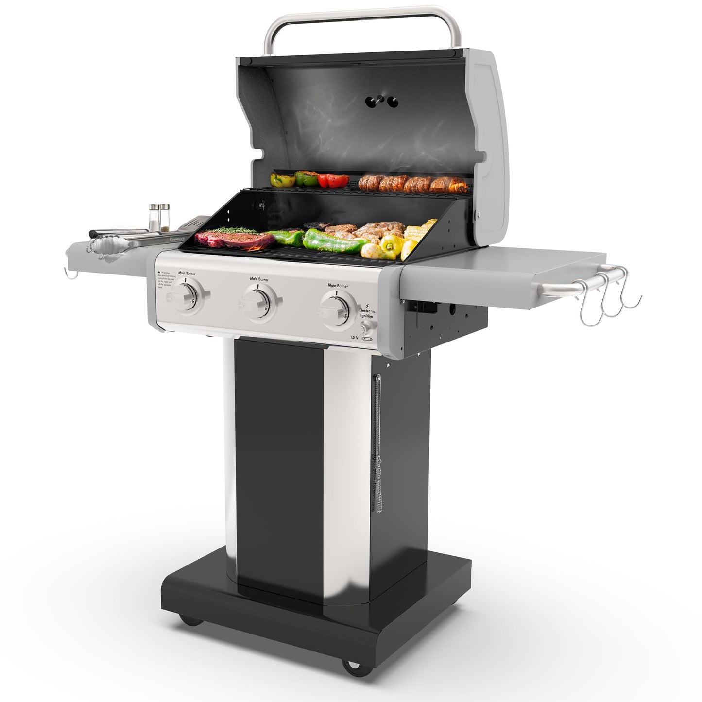 Kenmore 3-Burner Propane BBQ Grill, 30,000 BTUs Gas Grill with Cast Iron Cooking Grates, Folding Side Tables & Wheels, Outdoor Grill with Tool Hooks, Azure Blue