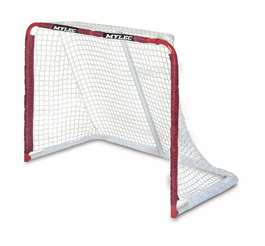 Mylec Steel Junior Hockey Goal for Indoor + Outdoor (52” x 43”), Easy Assembly, Lightweight, Portable, and Net Weave System (Red, 17 Pounds)