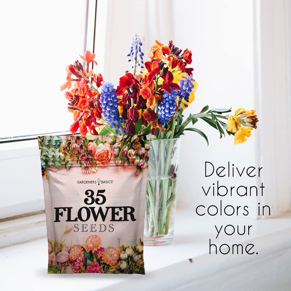 Gardeners Basics, Flower Seeds Packets for Planting 35 Individual Varieties Perennial, Annual, Wildflower Seeds for Planting Outdoors for Bees and Butterflies - Semillas de Flores Hermosas